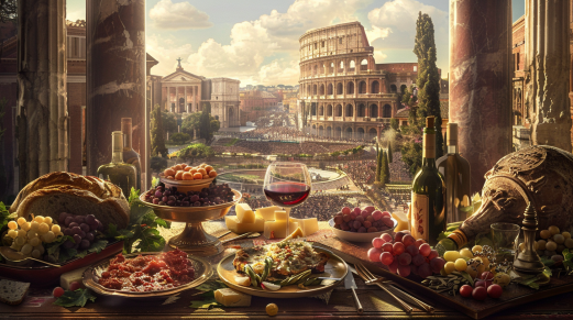 Explore el encanto de la gastronomía romana a través de encantadoras uniones de comida y vino que encarnan la esencia del legado culinario de la antigua Roma.
